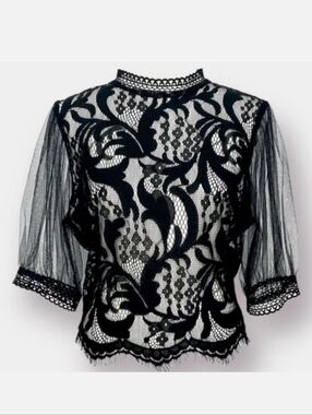 Peach Black Sheer Lace Zip Back High Neck Blouse Goth Boudoir Lolita Dainty XL
